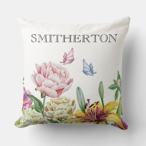 Custom Pink Yellow White Floral  Blue Butterfly Throw Pillow