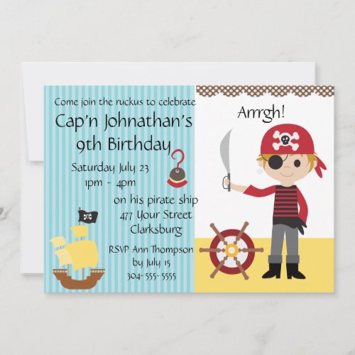 Custom Pirate Boy Birthday Party Personalized Invite