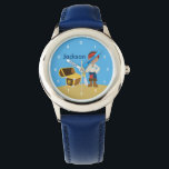 Custom Pirate Boy Watch<br><div class="desc">Cool pirate kids watch featuring a buccaneer carrying a sword next to a treasure chest filled with gold on a beach with blue sky background. Customize this cool boy's wristwatch with your child's name in white. Ahoy Matey!</div>
