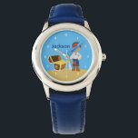 Custom Pirate Boy Watch<br><div class="desc">Cool pirate kids watch featuring a buccaneer carrying a sword next to a treasure chest filled with gold on a beach with blue sky background. Customize this cool boy's wristwatch with your child's name in white. Ahoy Matey!</div>