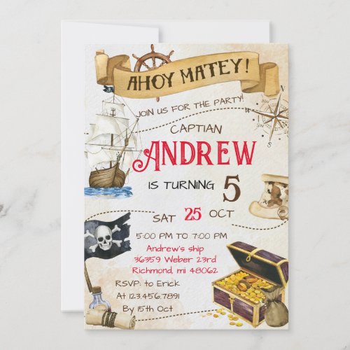 Custom Pirate Treasure Map Birthday Party Invitation