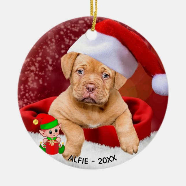 Custom Pitbull Puppy Dog Photo with Cute Elf Ceramic Ornament (Front)