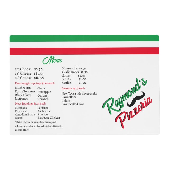 Custom Pizzeria Menu Placemat (Front)