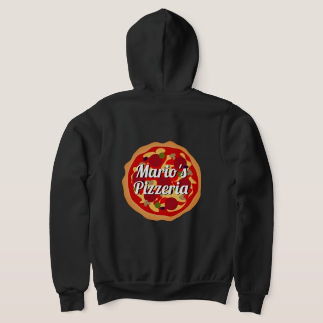 Custom pizzeria restaurant name delivery guy hoodie (Laydown Back)