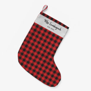 Custom Plaid Black Red Check Buffalo Name Small Christmas Stocking