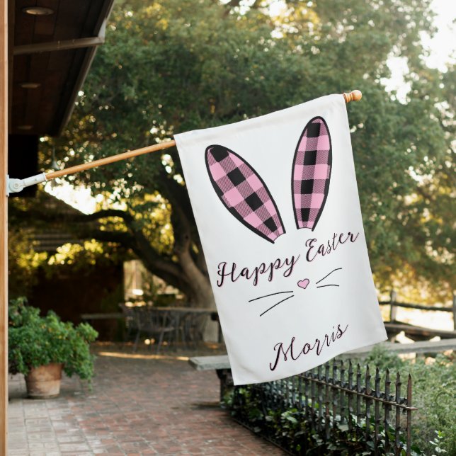 Custom plaid bunny ears Easter House Flag (In SItu)
