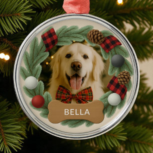 Custom Plaid Dog Name Photo Holiday Christmas Metal Ornament