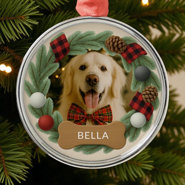 Custom Plaid Dog Name Photo Holiday Christmas Metal Ornament (Creator Uploaded)