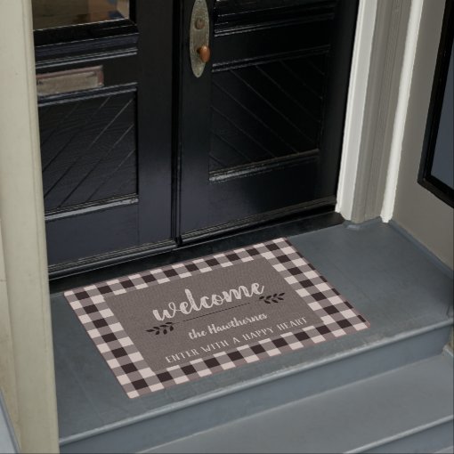 Custom plaid gingham family Name Quote Doormat Zazzle