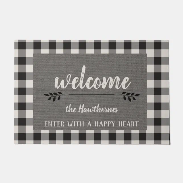 Custom plaid gingham family Name Quote Doormat Zazzle