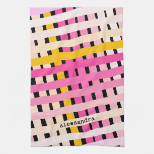 Custom Plaid Gradient Pink Yellow Black Striped Kitchen Towel