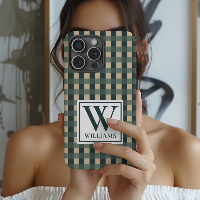 Custom Plaid Monogram Phone Case Gift for Women (Green Checkered Pattern Personalized Phone Case for Women, Men, Coworkers or friends)