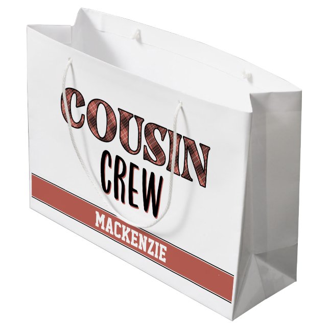 Custom Plaid Pattern Cousin Crew Cousin Squad Large Gift Bag (Back Angled)