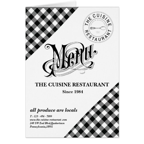 Custom Plaid Restaurant Menu Card