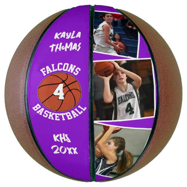Custom Player Photos Team Name and Number Purple Basketball (Vertical)