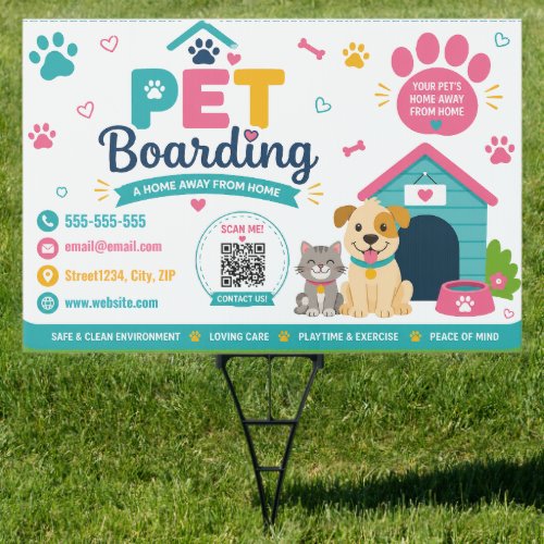 Custom Playful Pet Boarding Yard Sign with QR Code