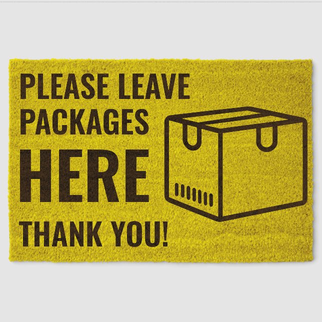 Custom Please Leave Packages Here YELLOW Fiber Doormat (Front)