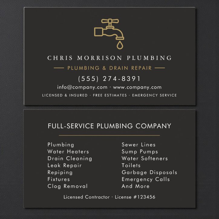 Custom Plumber Dark Elegant Black Gold Business Card