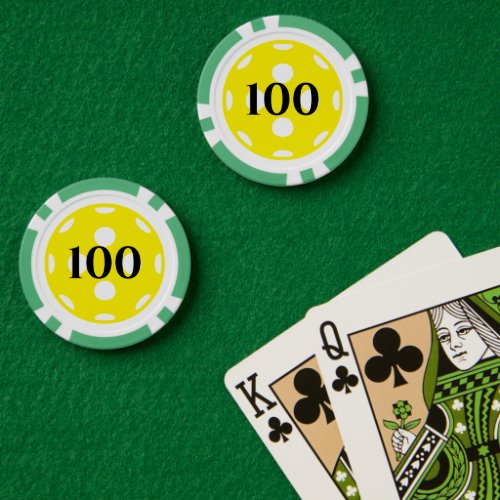 Custom poker chips with yellow pickleball logo