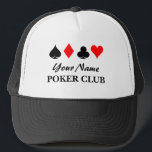 Custom poker club trucker hat gift for players<br><div class="desc">Custom poker club trucker hat gift for players. Cool gift for people who love playing poker, gambling and other card games. Four suits design with custom name. Personalize with your own unique name.</div>