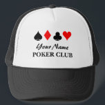 Custom poker club trucker hat gift for players<br><div class="desc">Custom poker club trucker hat gift for players. Cool gift for people who love playing poker,  gambling and other card games. Four suits design with custom name. Personalize with your own unique name.</div>