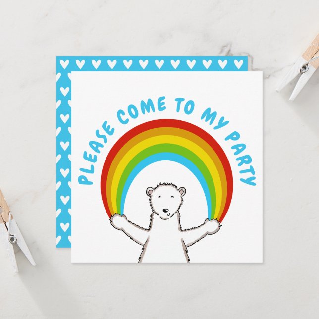 Custom Polar Bear & Rainbow Birthday Invitation (Front/Back In Situ)