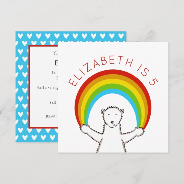Custom Polar Bear & Rainbow Birthday Invitation (Front/Back)