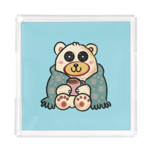 Custom Polar Bear with Coffee   Cute Winter Art Acrylic Tray
