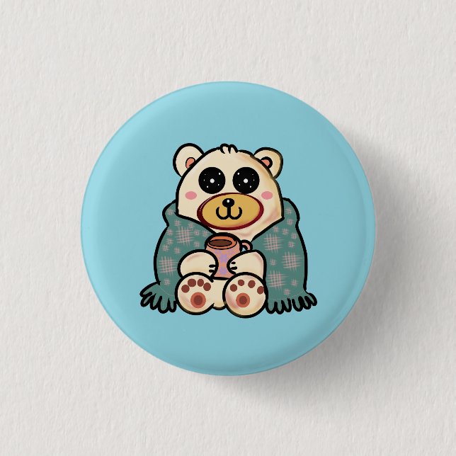 Custom Polar Bear with Coffee | Cute Winter Art Button (Front)