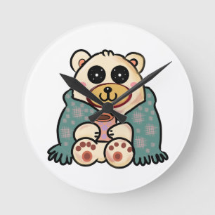 Custom Polar Bear with Coffee   Cute Winter Art Round Clock