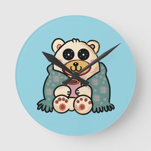 Custom Polar Bear with Coffee | Cute Winter Art Round Clock (Front)