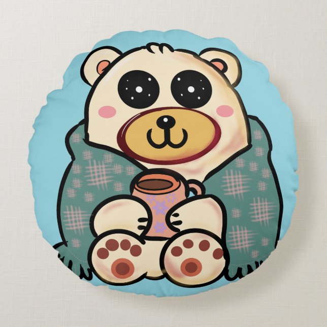 Custom Polar Bear with Coffee | Cute Winter Art Round Pillow (Front)
