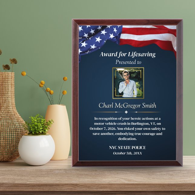 Custom Police & Military American Flag With Photo  Award Plaque (Custom Police & Military American Flag Award for Lifesaving)