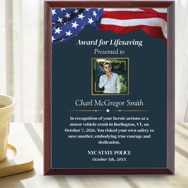 Custom Police & Military American Flag With Photo  Award Plaque (Custom Police & Military American Flag With Photo  Award for Lifesaving)