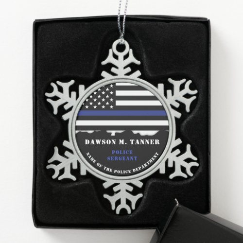 Custom Police Officer Appreciation Thin Blue Line Snowflake Pewter Christmas Ornament