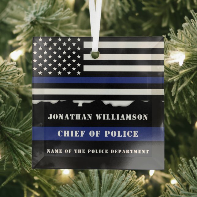 Custom Police Officer Thin Blue Line Flag US Flag Glass Ornament (Insitu)