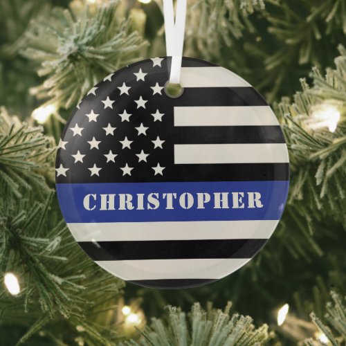 Custom Police Officer Thin Blue Line Police Dept Glass Ornament