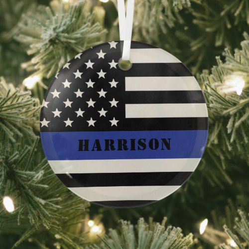 Custom Police Officer Thin Blue Line Police Dept Glass Ornament