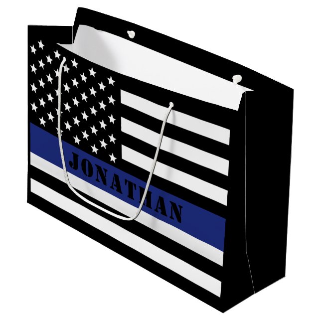 Custom Police Officer Thin Blue Line Police Dept. Large Gift Bag (Front Angled)