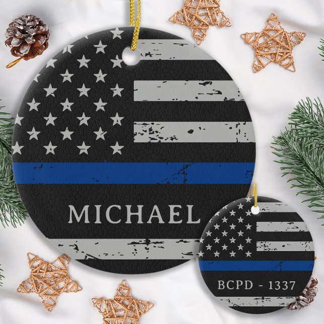 Custom Police Officer Thin Blue Line USA Flag Ceramic Ornament (Creator Uploaded)