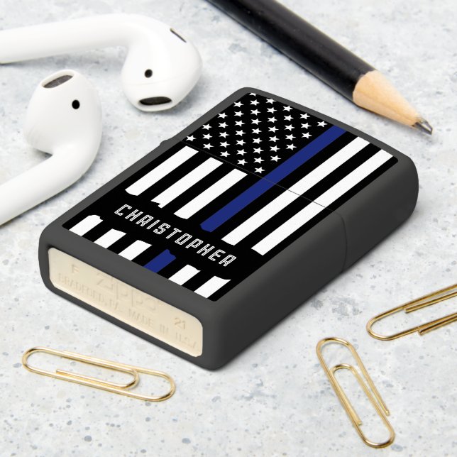 Custom Police Officer Thin Blue Line USA Flag Zippo Lighter (On Table 2)