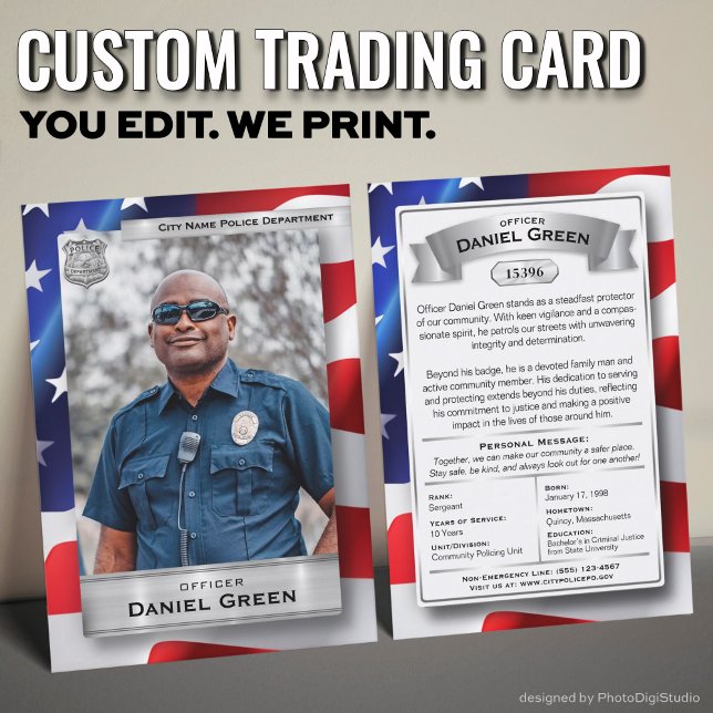 Custom Police Officer Trading Card, Recognition Calling Card (Custom Police Officer Trading Cards with USA Flag and Silver Elements)