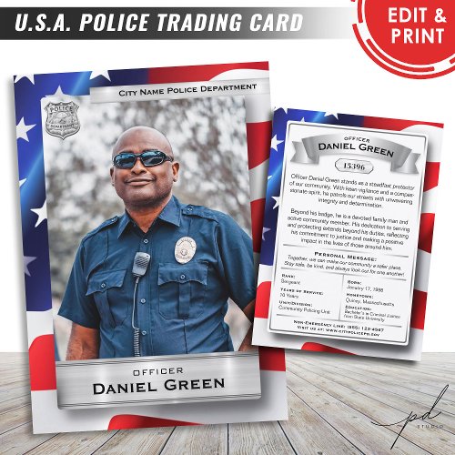 Custom Police Officer Trading Cards US Flag Silver