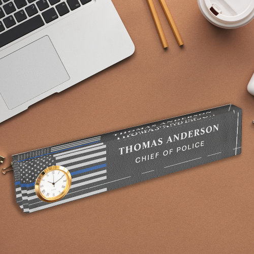 Custom Police Officer Vintage Thin Blue Line Clock Desk Name Plate