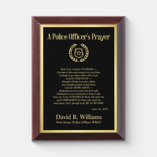 Custom Police Officers Prayer Frame, Academy Grad Award Plaque (Vertical)