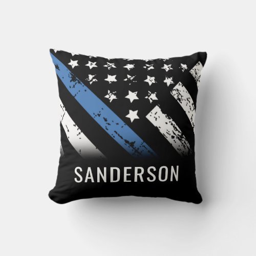 Custom Police Thin Blue Line American Flag Officer Throw Pillow