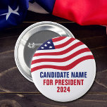 Custom Political Candidate 2024 Election Campaign  Button<br><div class="desc">Customizable political campaign candidate buttons with the American flag on top of your text in red,  white,  and blue. Add your choice for president or other political office in the 2024 election. Bold custom text.</div>