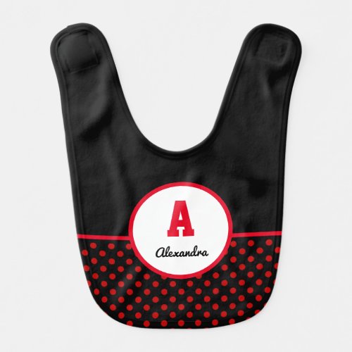 Custom Polka Dot Red Black Background Monogram Baby Bib