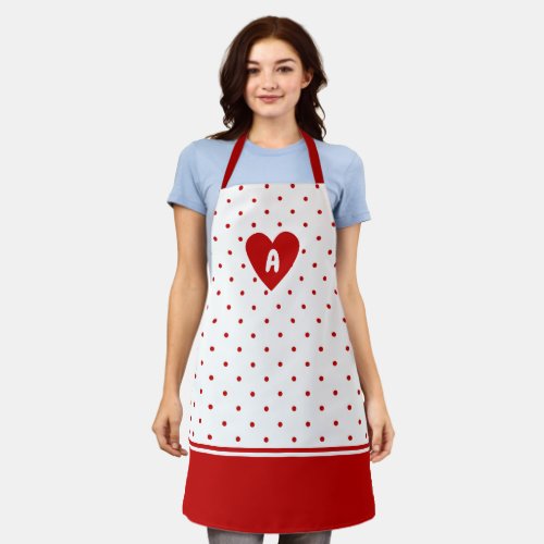 Custom Polka Dot Red White Background Monogram Apron