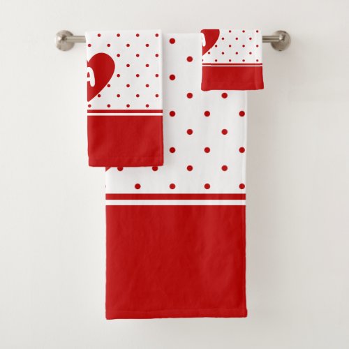 Custom Polka Dot Red White Background Monogram Bath Towel Set